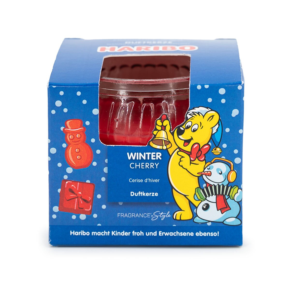 Haribo Mini-Duftkerze ‚Winter Cherry‘ (85g) im Geschenkkarton – offizielle Lizenzkerze mit fruchtigem Duft (Kirsche, Orange, Karamell). Winterliches Design mit blauem Geschenkkarton – kreatives Weihnachtsgeschenk.