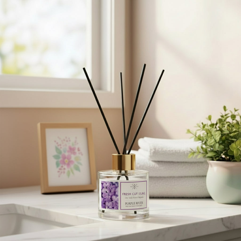 Hochwertiger Raumduft (100ml) mit Schilfstäbchen von Purple River mit einer langen Duftdauer von bis zu 6 Wochen. Die schwarzen Duftstäbchen und die goldene Kappe sind ideal als stilvolle Dekoration & luxuriöses Wellness-Geschenk. Gefertigt in Deutschland.