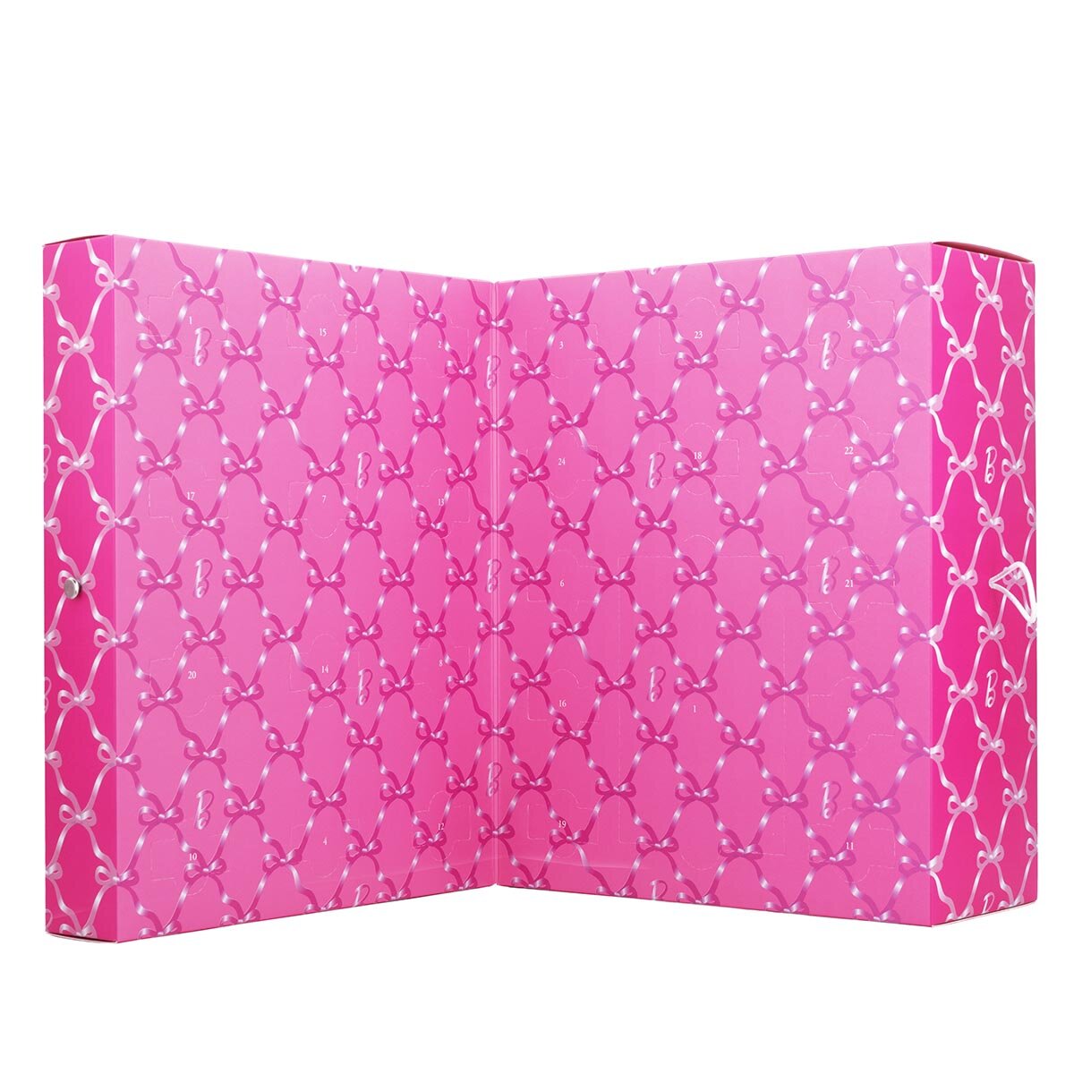 Geöffneter pinker Barbie Adventskalender mit 24 veganen Duftwachsen und einer Teelicht Duftlampe. Innerer Bereich zeigt die 24 Fenster des Kalenders mit Schleifen-Motiven.