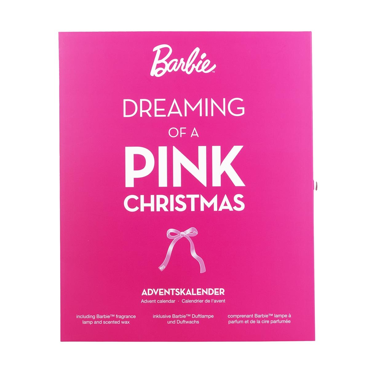Barbie Adventskalender mit 24 veganen Duftwachsen und einer Teelicht-Duftlampe. Vorderseite des pinken Kalenders mit dem Spruch "Dreaming of a pink Christmas".