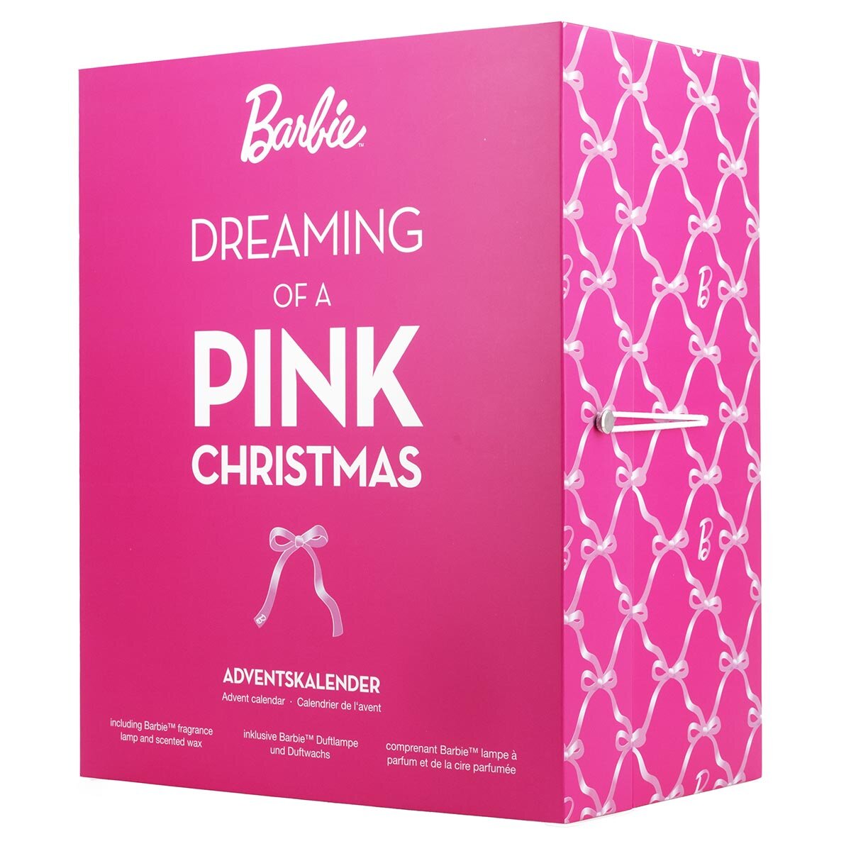 Geschlossener Barbie Adventskalender mit 24 veganen Duftwachsen und einer Teelicht-Duftlampe. Seitliche Ansicht des pinken Kalenders.