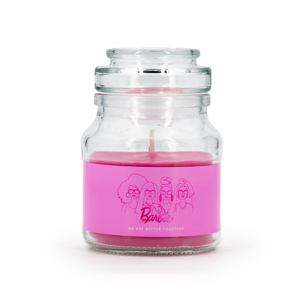 Barbie Duftkerze ‚Better Together‘ (110g) – Pinke Glas mit roter Schrift, vegane Lizenzkerze als Deko oder Geschenkidee für Barbie-Fans.