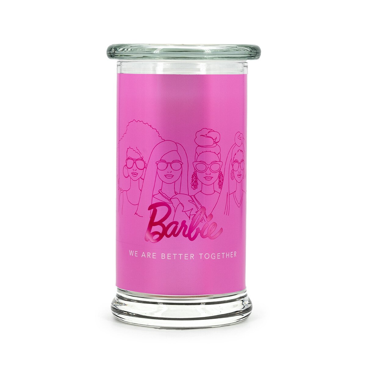 Barbie XL-Duftkerze ‚Better Together‘ (400g) – Pinke Glas mit roter Schrift, vegane Lizenzkerze als Deko oder Geschenkidee für Barbie-Fans.