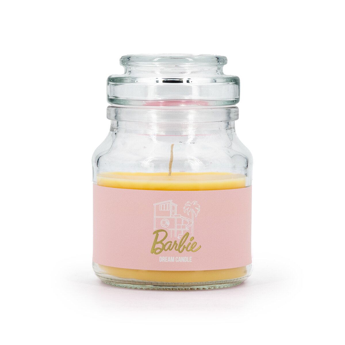 Barbie Duftkerze ‚Dream Candle‘ (110g) – Rosa Glas mit goldener-Schrift, vegane Lizenzkerze als Deko oder Geschenkidee für Barbie-Fans.