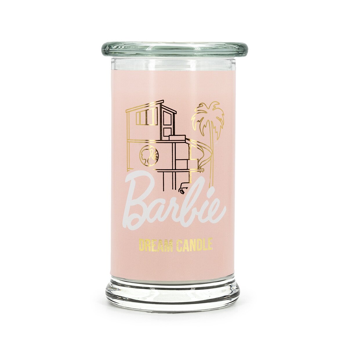 Barbie XL-Duftkerze ‚Dream Candle‘ (400g) – Rosa Glas mit goldener-Schrift, vegane Lizenzkerze als Deko oder Geschenkidee für Barbie-Fans.