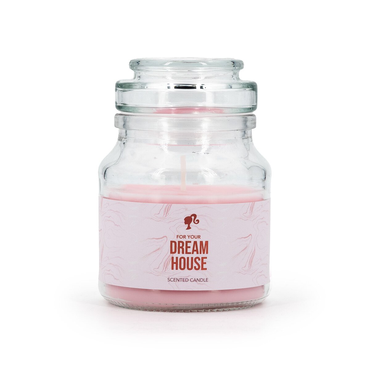 Barbie Duftkerze ‚Dreamhouse‘ (110g) – Rosa Glas mit Bronze-Schrift, vegane Lizenzkerze als Deko oder Geschenkidee für Barbie-Fans.