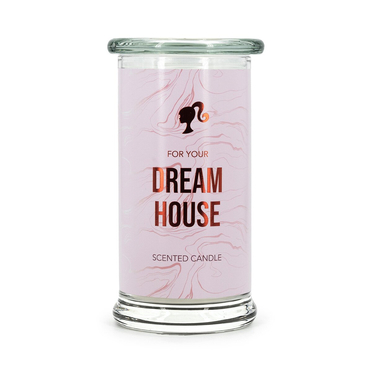 Barbie XL-Duftkerze ‚Dreamhouse‘ (400g) – Rosa Glas mit Bronze-Schrift, vegane Lizenzkerze als Deko oder Geschenkidee für Barbie-Fans.