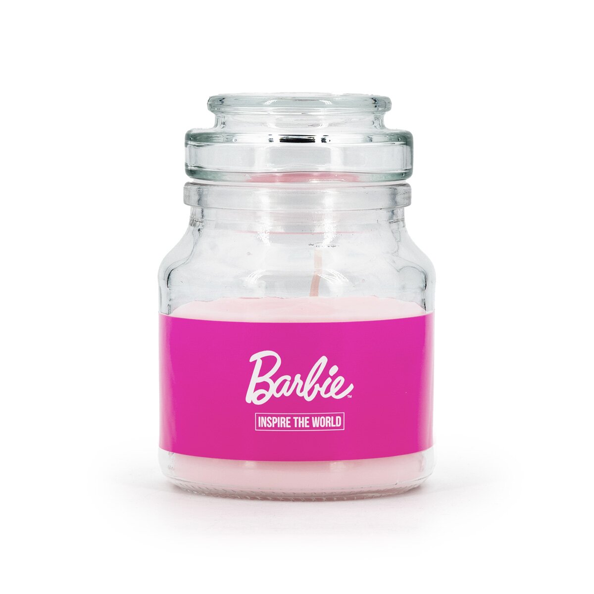 Barbie Duftkerze ‚Inspire the World‘ (110g) – Pinke Glas mit weißer Schrift, vegane Lizenzkerze als Deko- oder Geschenkidee für Barbie-Fans.