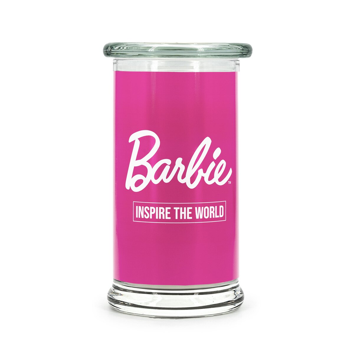 Barbie XL-Duftkerze ‚Inspire the World‘ (400g) – Pinke Glas mit weißer Schrift, vegane Lizenzkerze als Deko- oder Geschenkidee für Barbie-Fans.