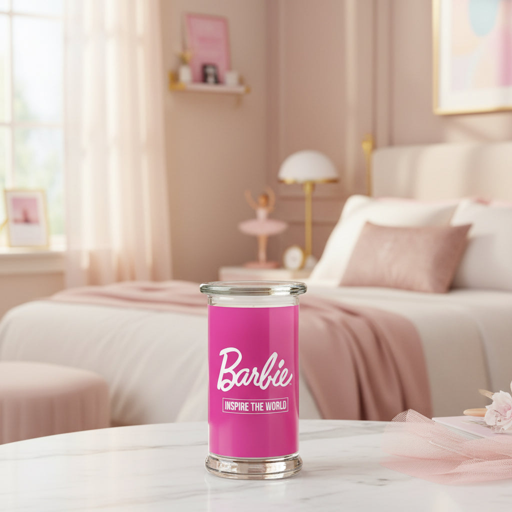 Barbie XL-Duftkerze ‚Inspire the World‘ (400g) – Das pinke Glas befindet sich in einem Zimmer einer jungen Frau, die eine hochwertige Einrichtung mag und eine Vorliebe für pinke sowie goldene Sachen hat.