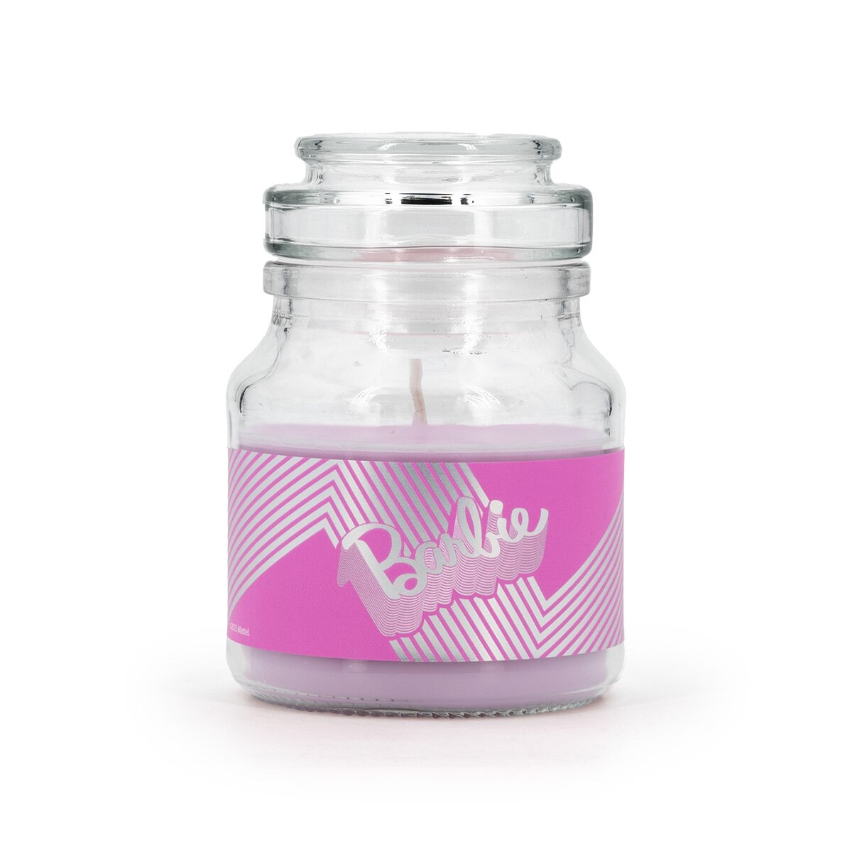 Barbie Duftkerze ‚Silver Sparkle‘ (110g) – Pinke Glas mit silberner Schrift, vegane Lizenzkerze als Deko- oder Geschenkidee für Barbie-Fans.