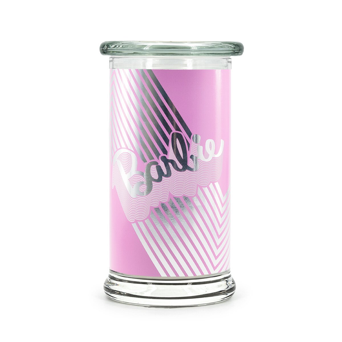 Barbie XL-Duftkerze ‚Silver Sparkle‘ (400g) – Pinke Glas mit silberner Schrift, vegane Lizenzkerze als Deko- oder Geschenkidee für Barbie-Fans.