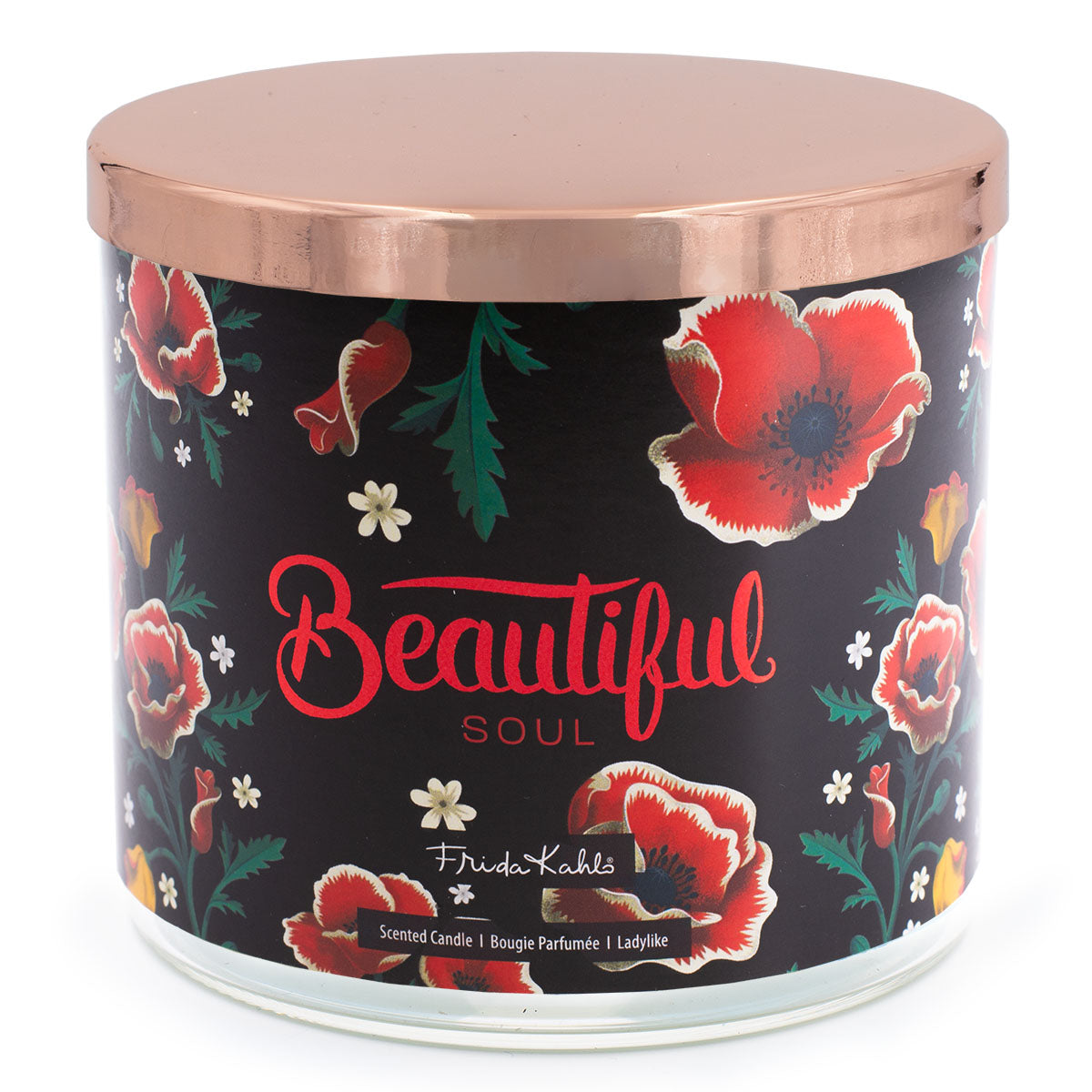 Frida Kahlo Duftkerze ‚Beautiful Soul‘ (400g) – Vorderseite der offiziellen Lizenzkerze im dekorativen, floralen Design. Schwarzes Glas mit bronzenem Deckel, verziert mit roten Mohnblumen, Rosen und Blättermotiven – stilvolles Wohnaccessoire und edle Geschenkidee für Duftkerzen-Liebhaber, Kunstfans oder besondere Anlässe wie Muttertag oder Geburtstag.
