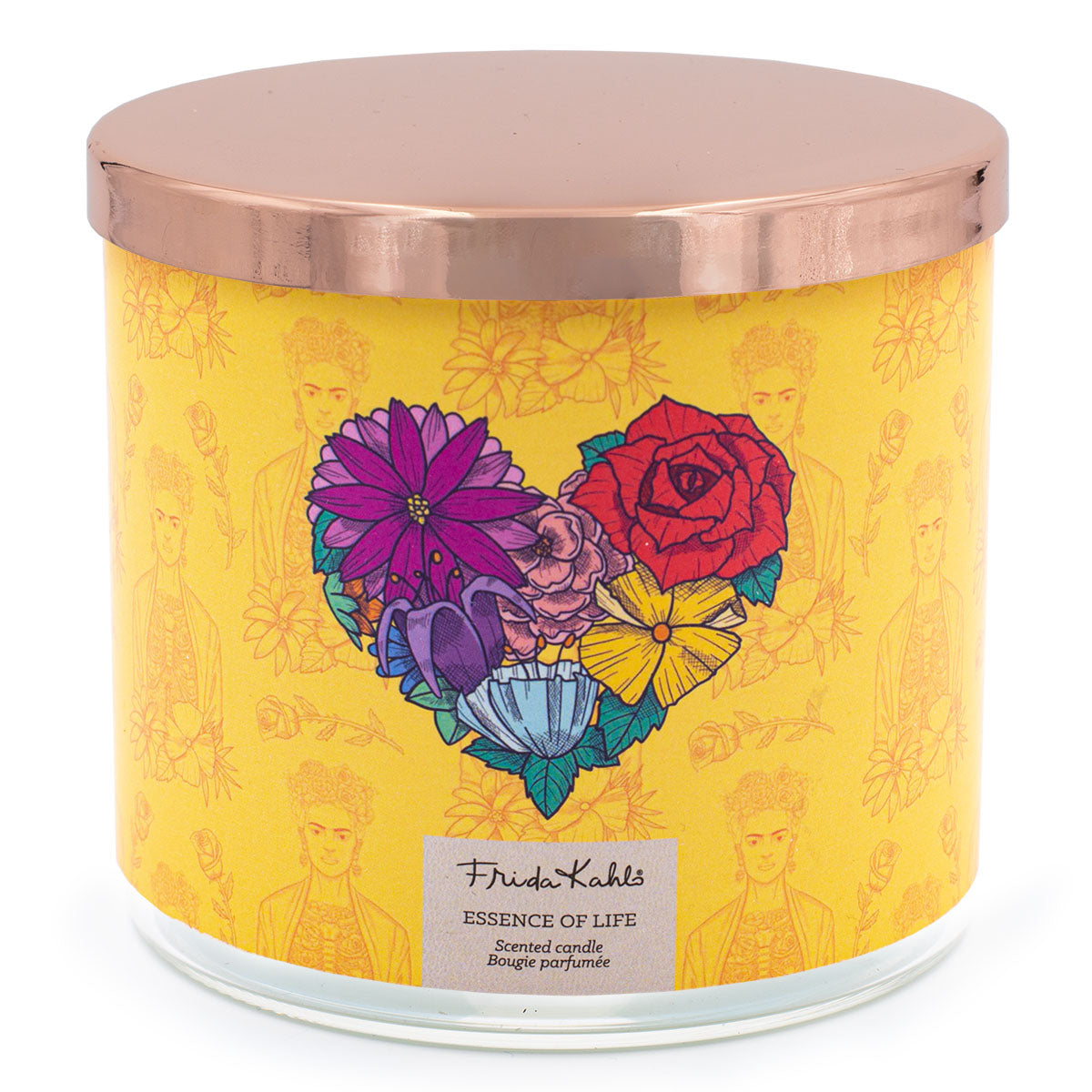 Frida Kahlo Duftkerze ‚Essence of Life‘ (400g) – Vorderseite der offiziellen Lizenzkerze im kunstvollen Glasdesign mit gelbem Hintergrund, Blumen und Frida Kahlo-Motiven – verziert mit einem bunten Herz aus Blüten und bronzenem Deckel. Perfekte Duftkerze im Glas als romantisches Geschenk zum Valentinstag, Muttertag oder für stilvolle Wohnaccessoires.