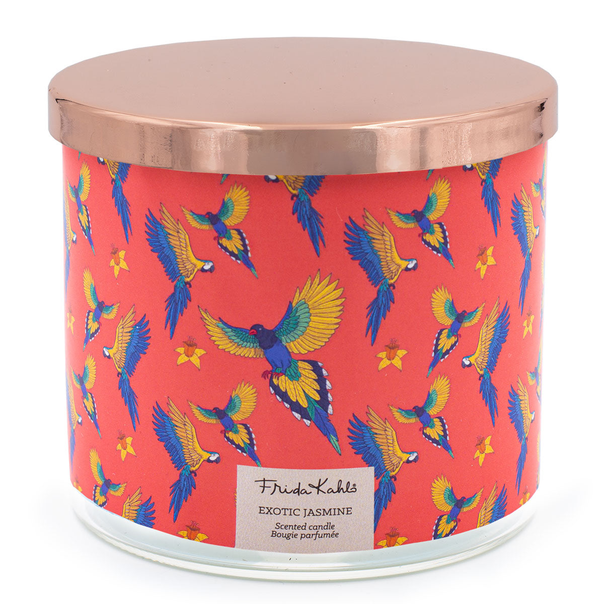 Frida Kahlo Duftkerze ‚Exotic Jasmine‘ (400g) – Vorderseite der offiziellen Lizenzkerzeim kunstvoll gestalteten Glas mit orangenem Hintergrund, bunten Papageien, floralen Motiven und bronzenem Deckel – dekorative Duftkerze im Glas und kreative Geschenkidee für Frauen, Duftliebhaber, Mama oder beste Freundin.