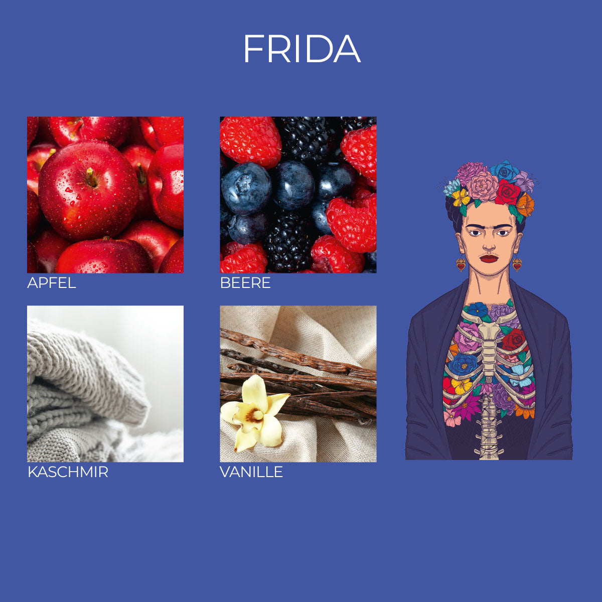 Frida Kahlo Duftkerze ‚Frida‘ im Glas und mit Deckel – offizielle Lizenzkerze mit Duftnoten von Apfel, Beere, Kaschmir und Vanille. Luxuriöser Duftmix als stilvolles Deko-Highlight und edle Geschenkidee.