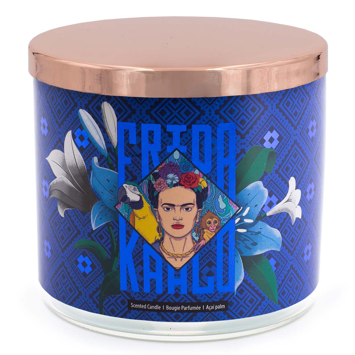Frida Kahlo Duftkerze ‚Frida‘ (400g) – Vorderseite der offiziellen Lizenzkerze mit blauem Hintergrund, einem Porträt von Frida Kahlo zusammen mit einem Affen und Papagei sowie weißen Blumen. Die dekorative Duftkerze im Glas eignet sich ideal als stilvolles Wohnaccessoires, entspannende Leseabende oder als hochwertiges Geschenk für Kunstliebhaber.