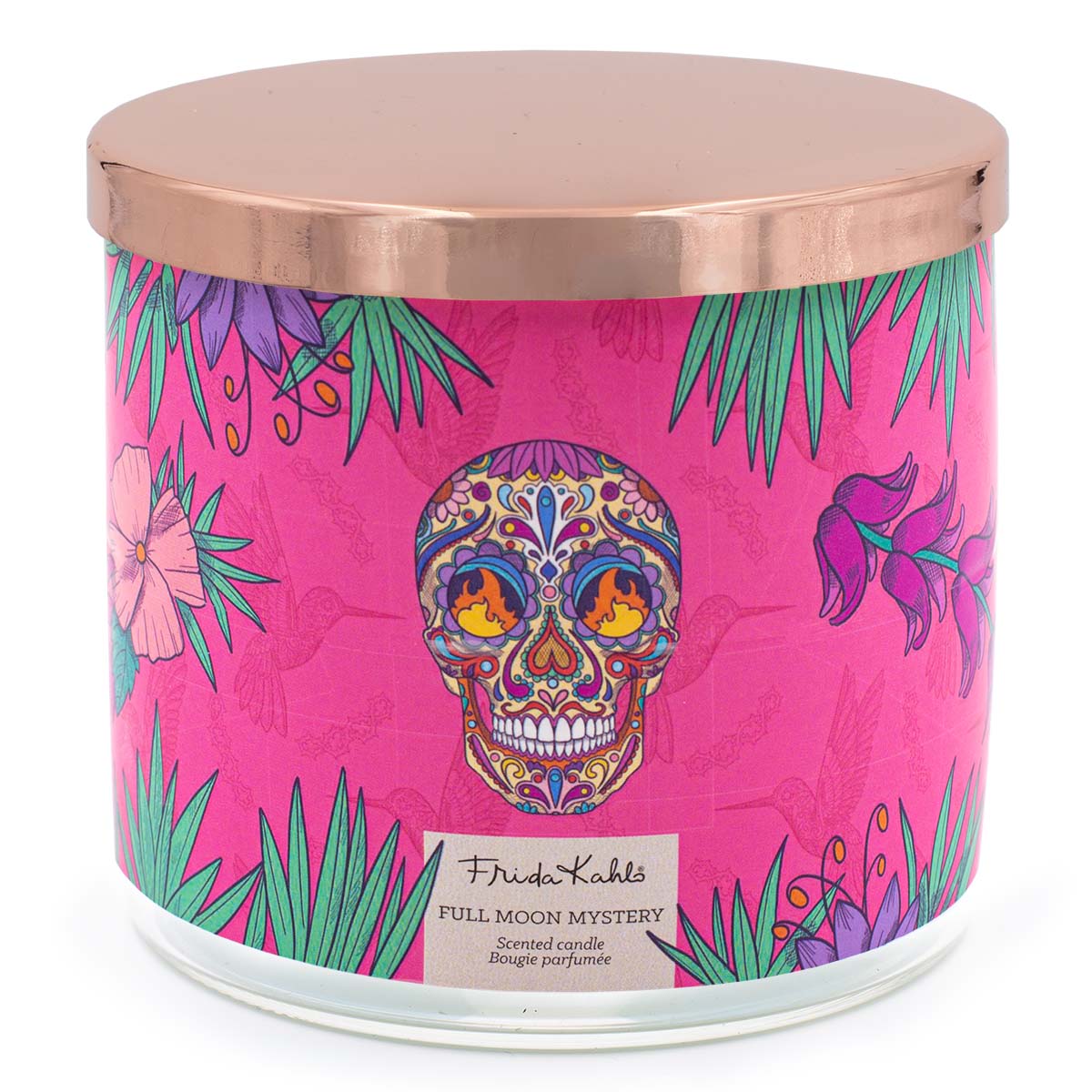 Frida Kahlo Duftkerze ‚Full Moon Mystery‘ (400g) – Vorderseite der offiziellen Lizenzkerze mit pinkem Hintergrund und farbenfrohem Totenkopf im mexikanischen Stil, umgeben von Blumen und Blättern – kunstvolles Wohnaccessoire und stilvolle Geschenkidee für Duft- und Kunstliebhaber.