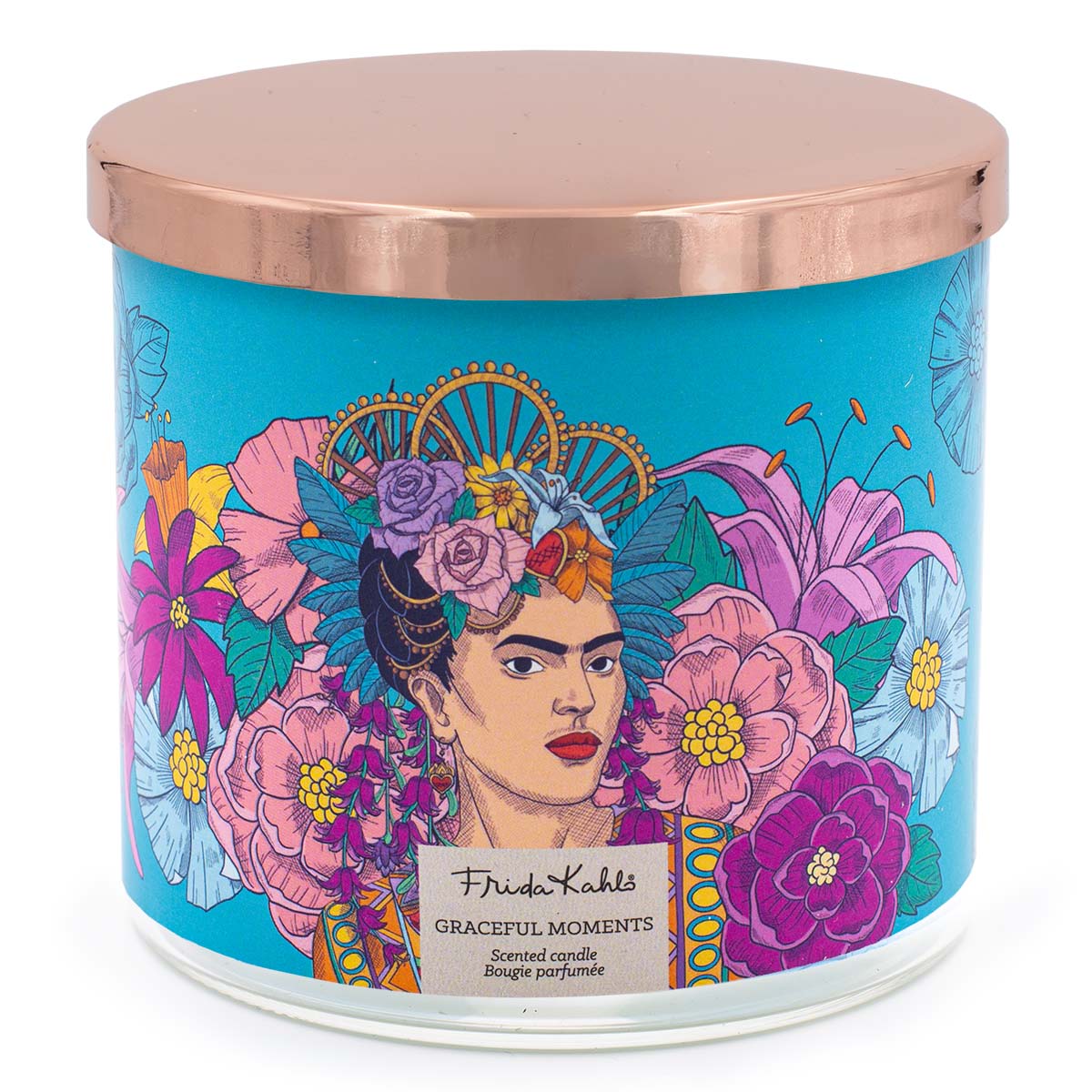 Frida Kahlo Duftkerze ‚Graceful Moments‘ (400g) – Vorderseite der offiziellen Lizenzkerze mit einem Porträt von Frida Kahlo umringt von vielen Blumen. Ein absoluter Hingucker, dekoratives Highlight und hochwertiges Geschenk für Kunstliebhaber.