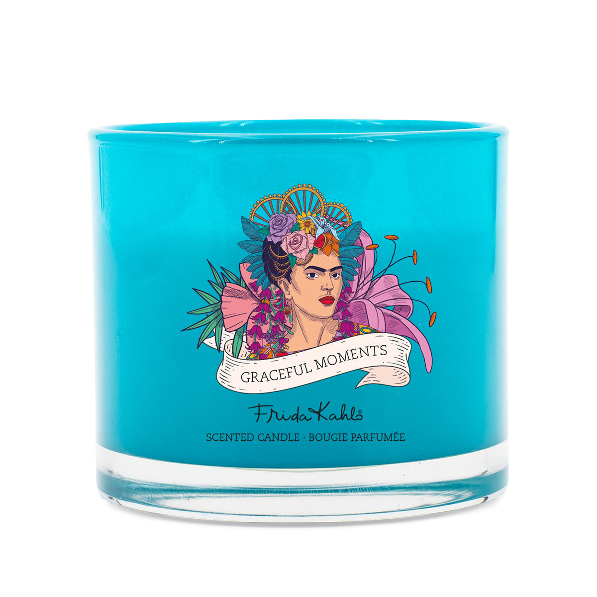 Frida Kahlo Duftkerze ‚Graceful Moments‘ (180g) – Vorderseite der offiziellen Lizenzkerze mit einem Porträt von Frida Kahlo umringt von vielen Blumen. Ein absoluter Hingucker, dekoratives Highlight und hochwertiges Geschenk für Kunstliebhaber.