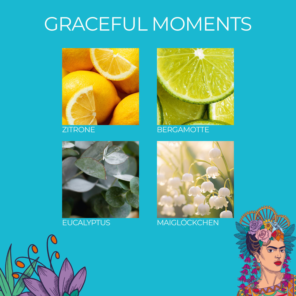 Frida Kahlo Duftkerze ‚Graceful Moments‘ im Glas und mit Deckel – offizielle Lizenzkerze mit Duftnoten von Zitrone, Bergamotte, Eucalyptus und Maiglöckchen. Dekoratives Wohnaccessoire für eine sommerliche Atmosphäre und kunstvolle Geschenkidee.