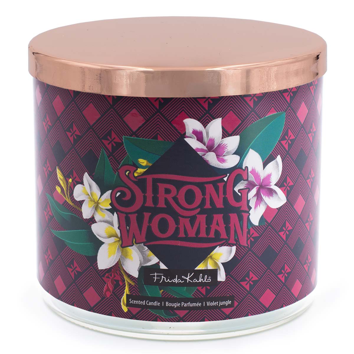 Frida Kahlo Duftkerze ‚Strong Woman‘ (400g) – Vorderseite der offiziellen Lizenzkerze mit Blumenmotiven und rotem gemustertem Hintergrund. Das stilvolle Glasdesign eignet sich ideal für starke Frauen oder als elegante Geschenkidee für Kunstliebhaber.