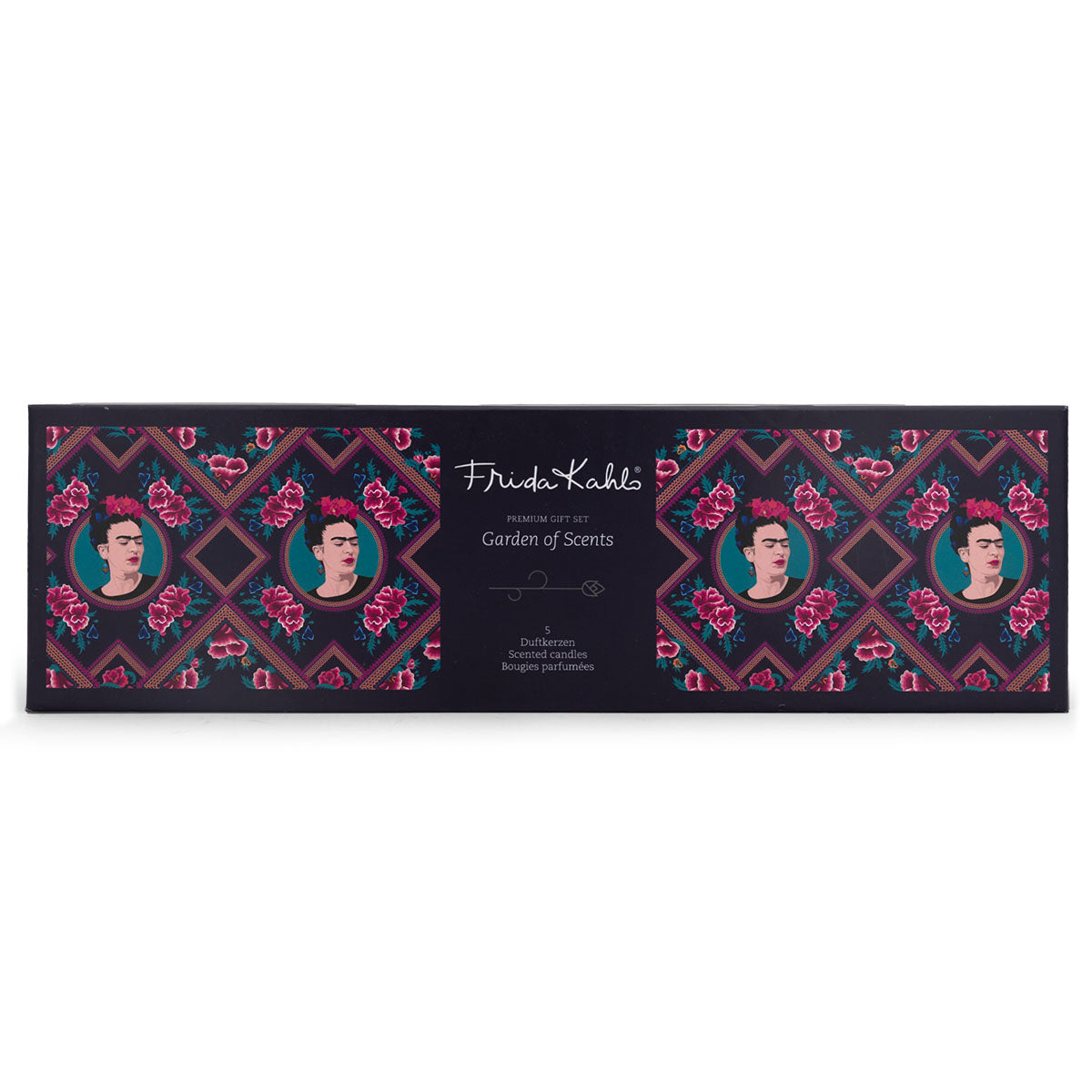 Frida Kahlo Geschenkeset ‚Garden of Scents‘ (5x45 g) - Rückseite mit floralen Mustern und mehreren Porträts der Künstlerin – kunstvoll gestaltete Rückseite als Teil des dekorativen Designs.