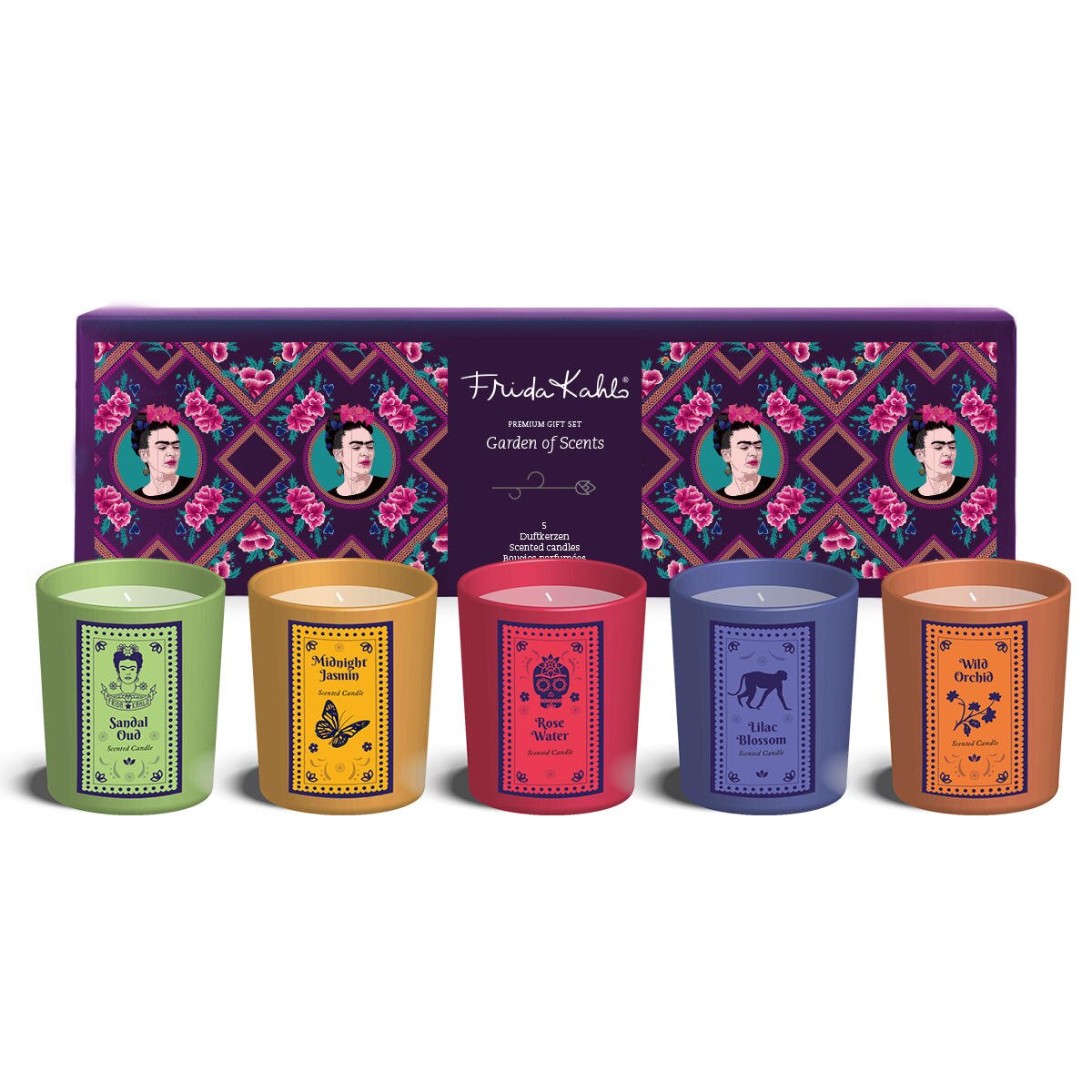 Frida Kahlo Geschenkeset ‚Garden of Scents‘ (5x45g) - Vorderseite mit kunstvollem, farbenfrohem Design. Fünf Duftkerzen in Grün, Gelb, Rot, Lila und Orange stehen vor der dekorativen lila Geschenkverpackung – stilvolle Geschenkidee im Frida-Kahlo-Stil.