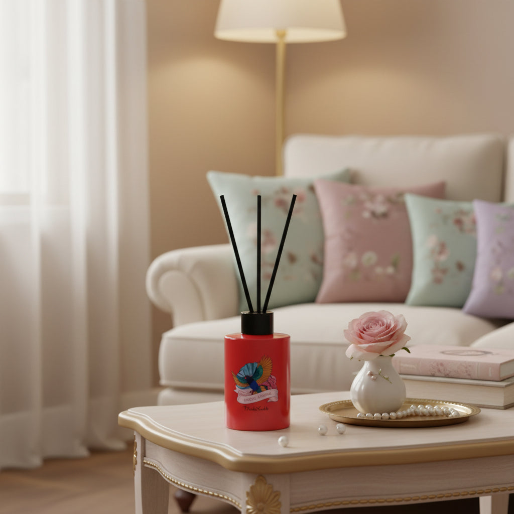 Frida Kahlo Exotic Jasmine Raumduft,  der in einem stilvoll eingerichtetem Wohnzimmer steht. Perfekter Raumerfrischer, der obendrein ein elegante und hochwertige Dekoration darstellt.