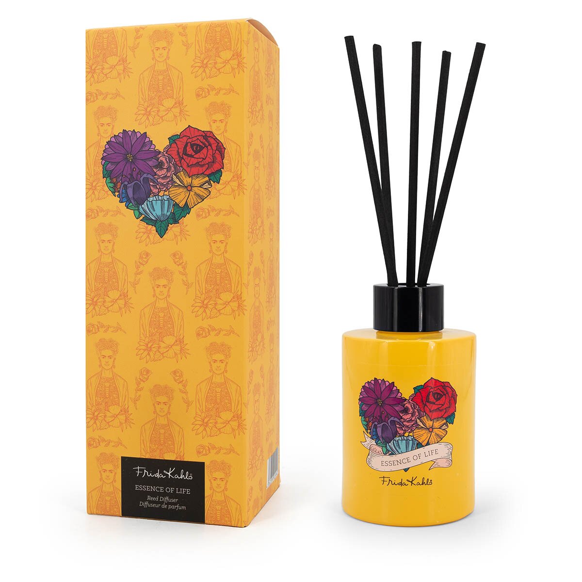 Frida Kahlo Duftstäbchen Essence of Life 100ml mit Geschenkkarton – kunstvolles Design mit Blumenherz. Gelber Karton und Raumduft im Glas mit schwarzen Bambusstäben. Raumerfrischung, der ein perfektes Geschenk & stilvolle Dekoration ist.