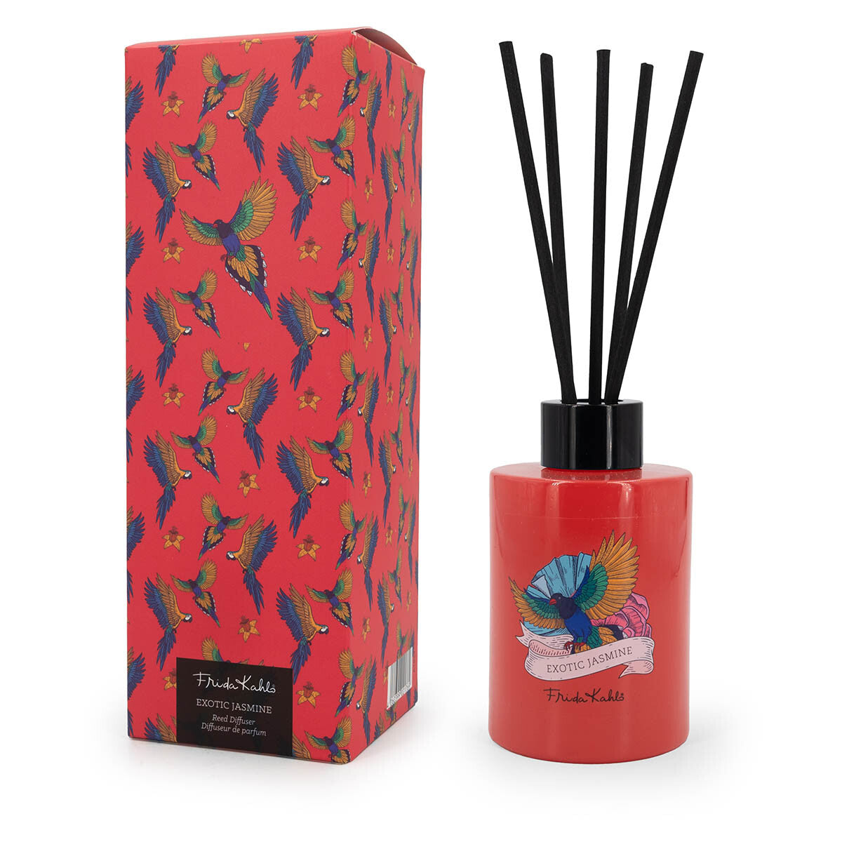 Frida Kahlo Duftstäbchen Exotic Jasmine 100ml mit Geschenkkarton – kunstvolles Design mit Papageien. Orangener Karton und Raumduft im Glas mit schwarzen Bambusstäben. Raumerfrischung, der ein perfektes Geschenk & stilvolle Dekoration darstellt.