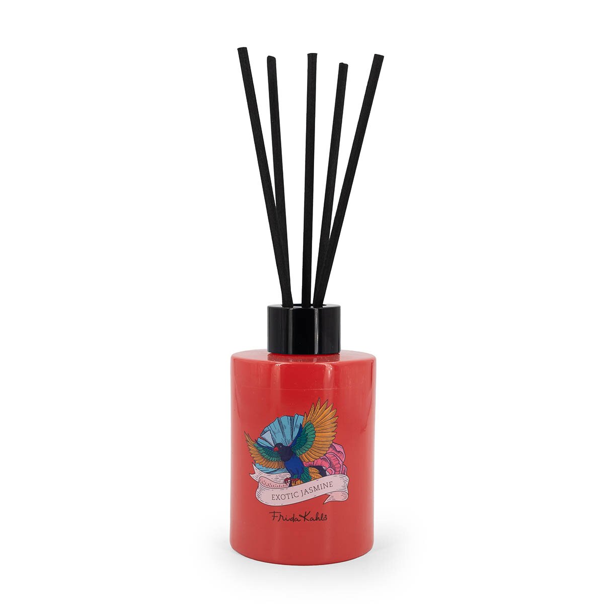 Frida Kahlo Duftstäbchen Exotic Jasmine 100ml – stilvolles Design mit Papageien. Orangenes Glas und schwarze Bambusstäben. Raumerfrischer, der ein perfektes Geschenk & stilvolle Dekoration ist.
