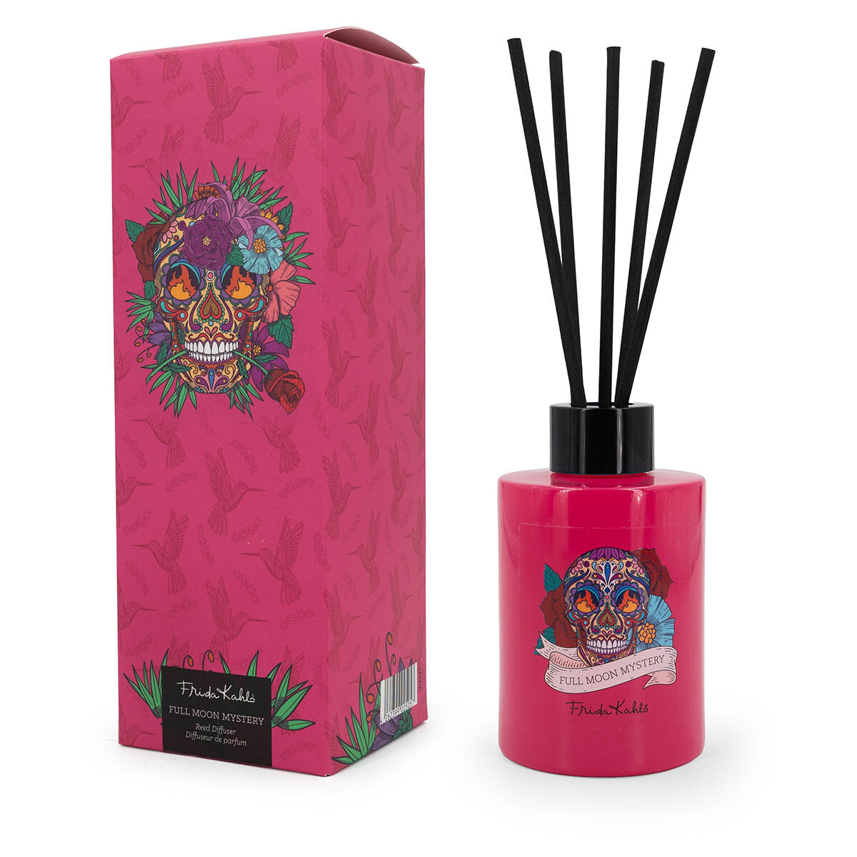 Frida Kahlo Duftstäbchen Full Moon Mystery 100ml mit Geschenkkarton – kunstvolles Design mit Totenkopf. Pinker Karton und Raumduft im Glas mit schwarzen Bambusstäben. Raumerfrischer, der ein perfektes Geschenk & stilvolle Dekoration darstellt.