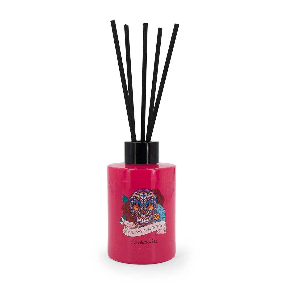 Frida Kahlo Duftstäbchen Full Moon Mystery 100ml – stilvolles Design mit Totenkopf. Pinkes Glas und schwarze Bambusstäben. Raumerfrischer, der ein kreatives Geschenk & edle Dekoration ist.