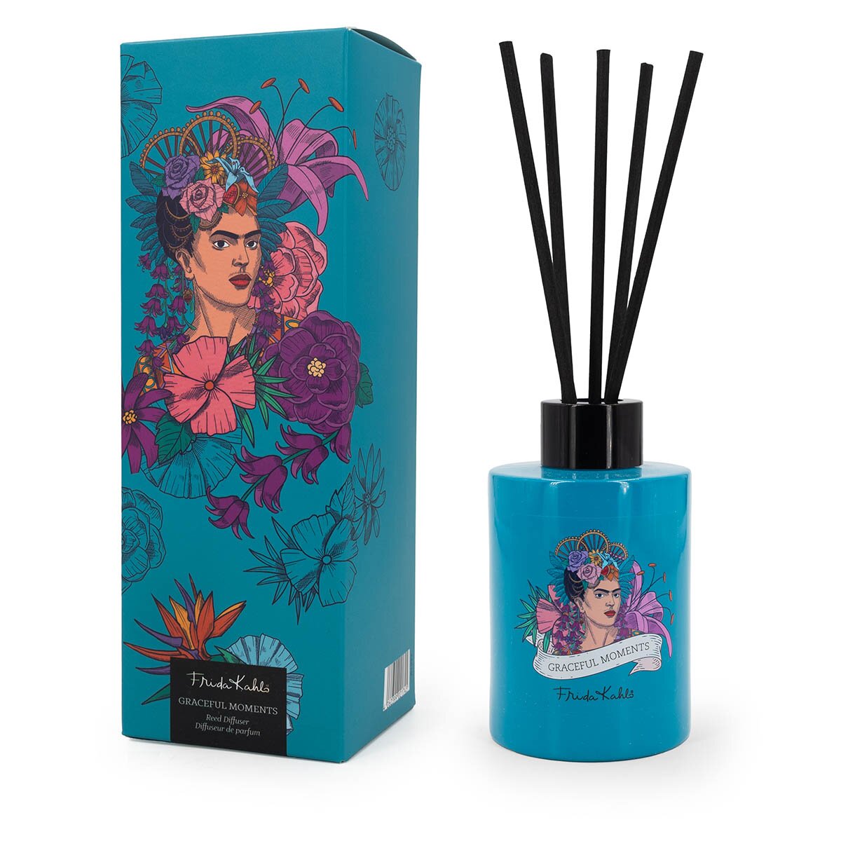Frida Kahlo Duftstäbchen Graceful Moments 100ml mit Geschenkkarton – kunstvolles Design mit einem Portrait von Frida Kahlo. Blauer Karton und Raumduft im Glas mit schwarzen Bambusstäben. Raumerfrischer, der ein perfektes Geschenk & stilvolle Dekoration darstellt.