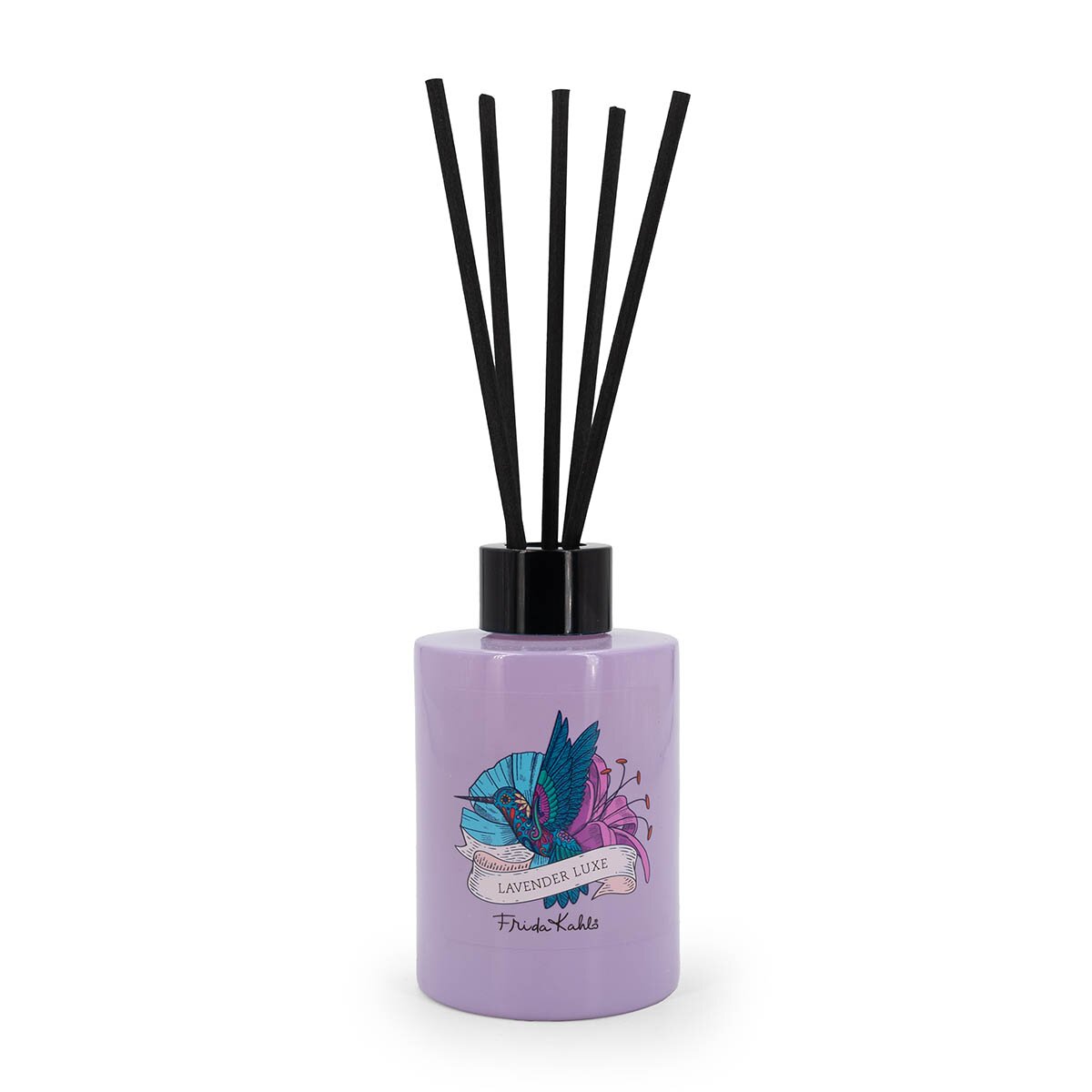 Frida Kahlo Duftstäbchen Lavender Luxe 100ml – stilvolles Design mit Kolibris. Lila Glas und schwarze Bambusstäben. Raumerfrischer, der ein kreatives Geschenk & edle Dekoration ist.