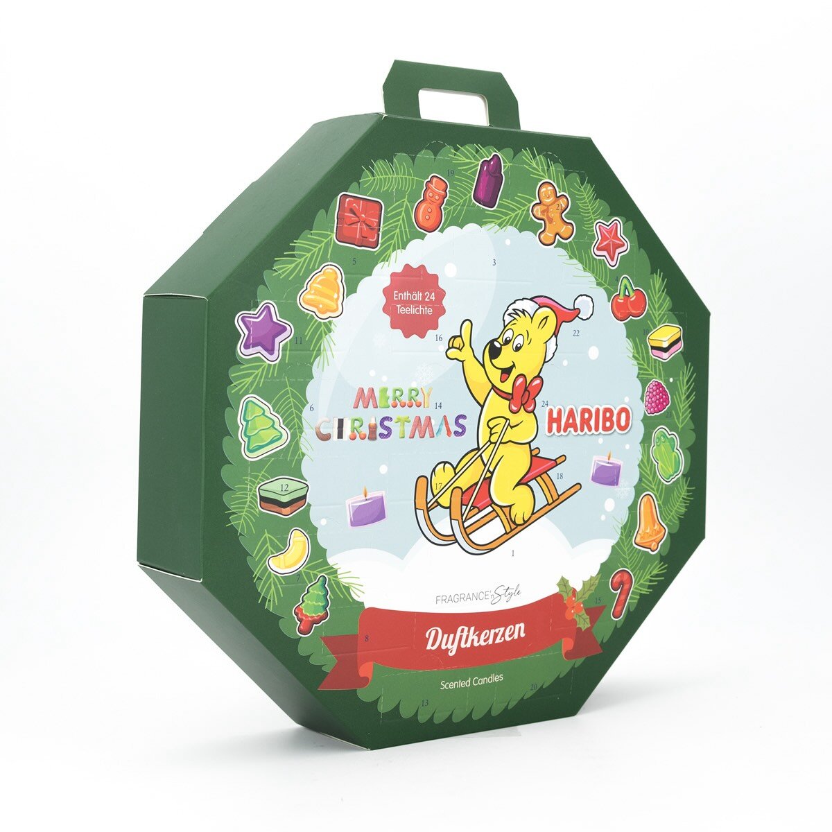 Haribo Adventskalender in Grün, gefüllt mit 24 fruchtigen und süßen Teelichtern in verschiedenen Düften und Farben. Perfekt für die Vorweihnachtszeit.