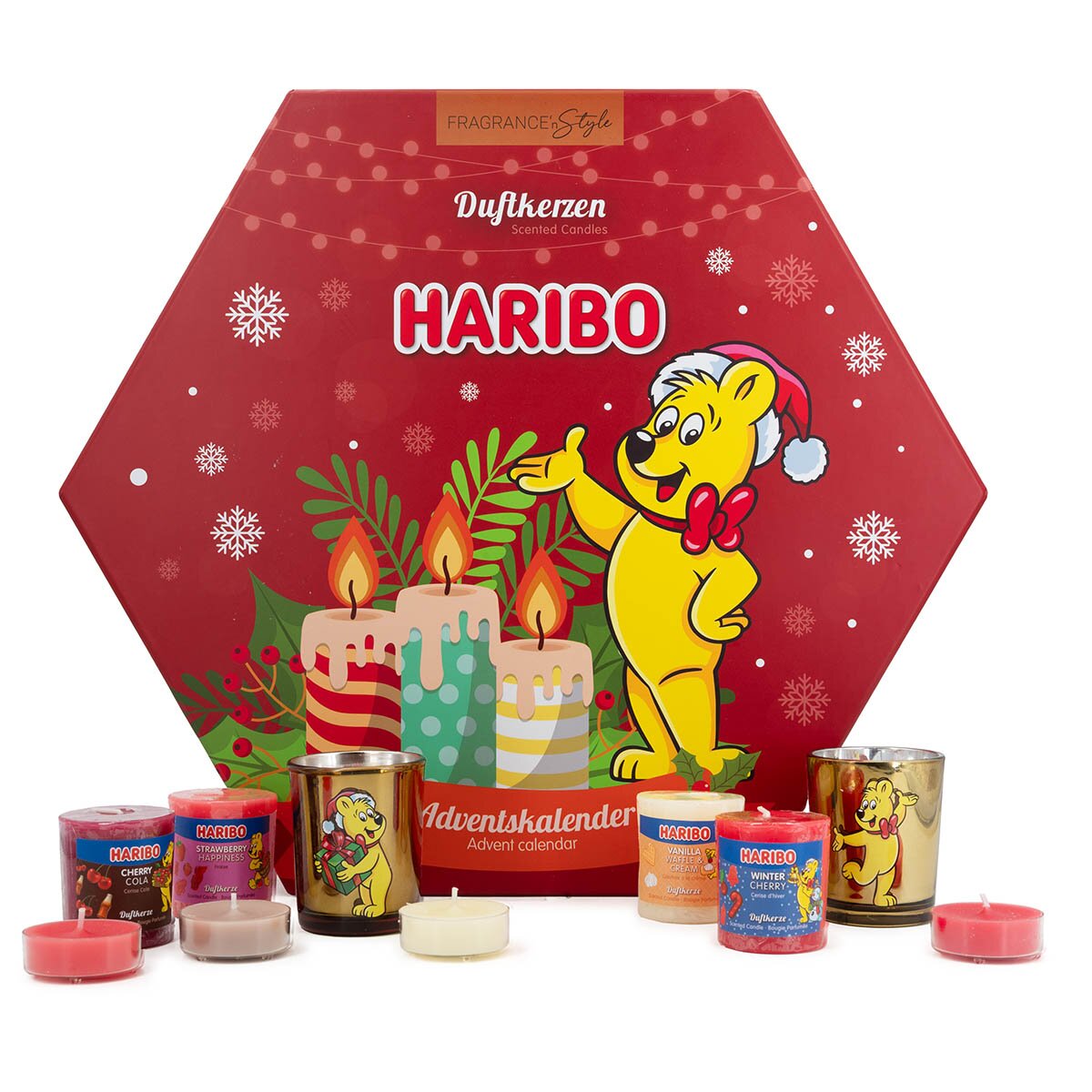 Ausgepackter roter Haribo Duftkerzen-Adventskalender mit 24 fruchtigen Teelichtern & 2 Votives - Süße und bunte Düfte für die Weihnachtszeit. Ideal als vegane Geschenkidee für die Adventszeit.