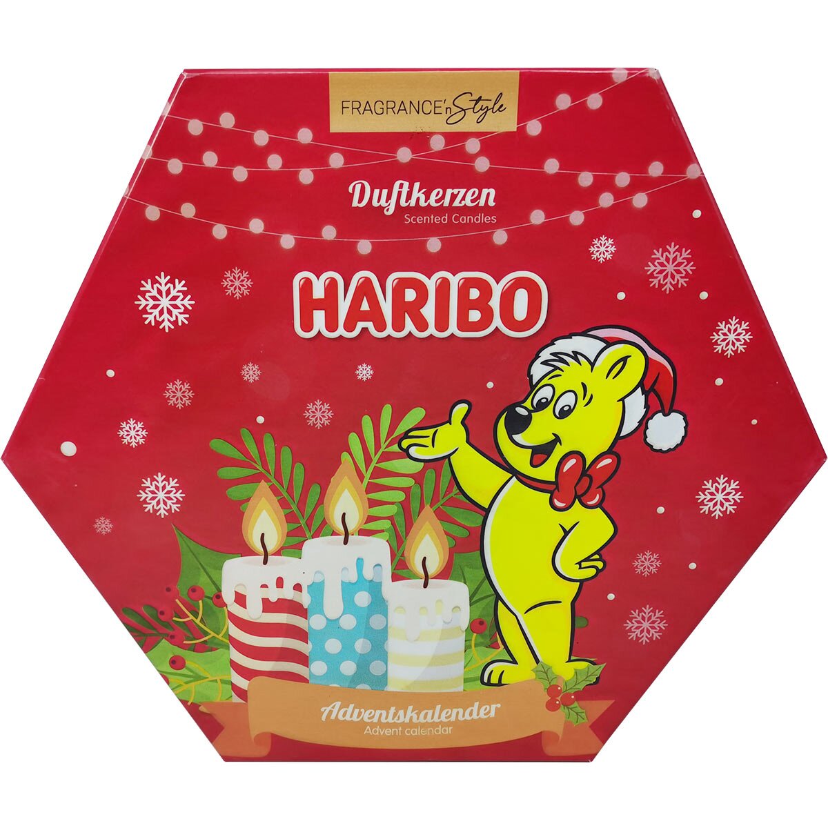 Vorderseite des roten Haribo Duftkerzen-Adventskalender mit 24 fruchtigen Teelichtern & 2 Votives - Süße Düfte für die Weihnachtszeit als vegane Geschenkidee