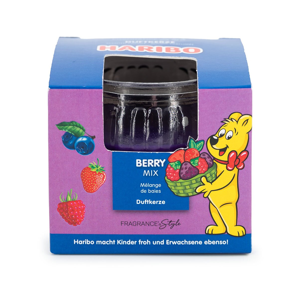 Haribo Mini-Duftkerze ‚Berry Mix‘ (85g) im Geschenkkarton – offizielle Lizenzkerze mit beerigem Duft (Himbeere, Erdbeere, Apfel). Sommerliches Design mit lila Geschenkkarton. Dekoratives Stimmungslicht und hochwertiges Geschenk.