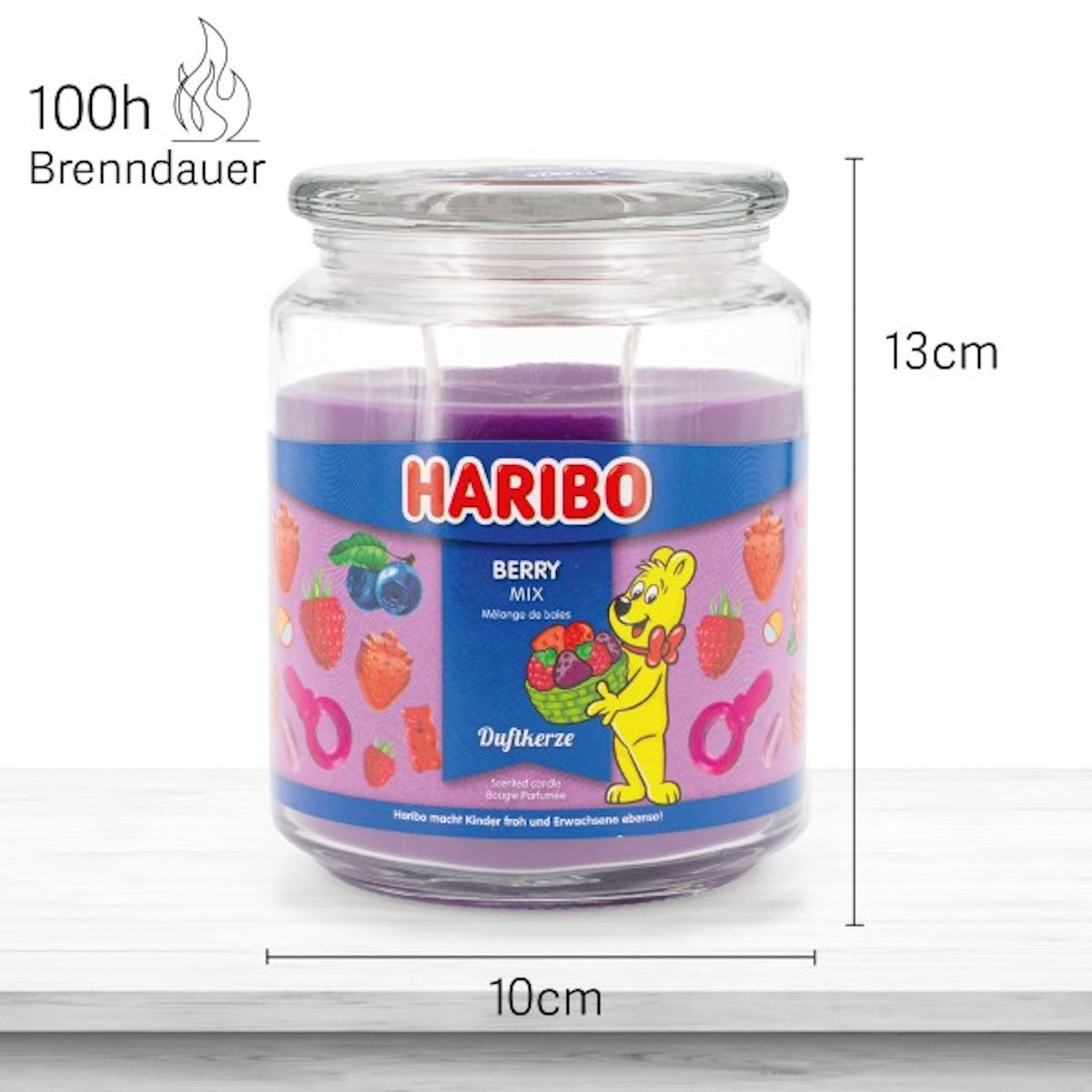 Haribo Duftkerze ‚Berry Mix‘ (510g) im Glas - 13cm hoch, 10cm breit. Offizielle Lizenzkerze mit 100h Brenndauer, angenehmer Duft und liebevolles Haribo-Design. Dekoratives Wohnaccessoire und besonderes Geschenk.