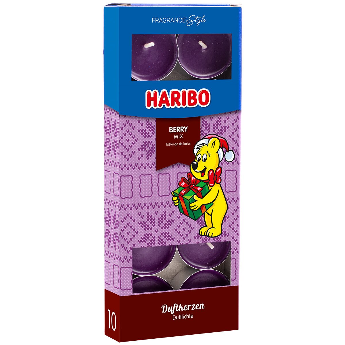 Haribo Teelichter ‚Berry Mix‘ (10x10g) im weihnachtlichem Geschenkkarton – offizielle Lizenzteelichter mit angenehmen Duft. Weihnachtsdesign mit Goldbär und Geschenk. Kreative Weihnachtsdeko und kreatives Geschenk.