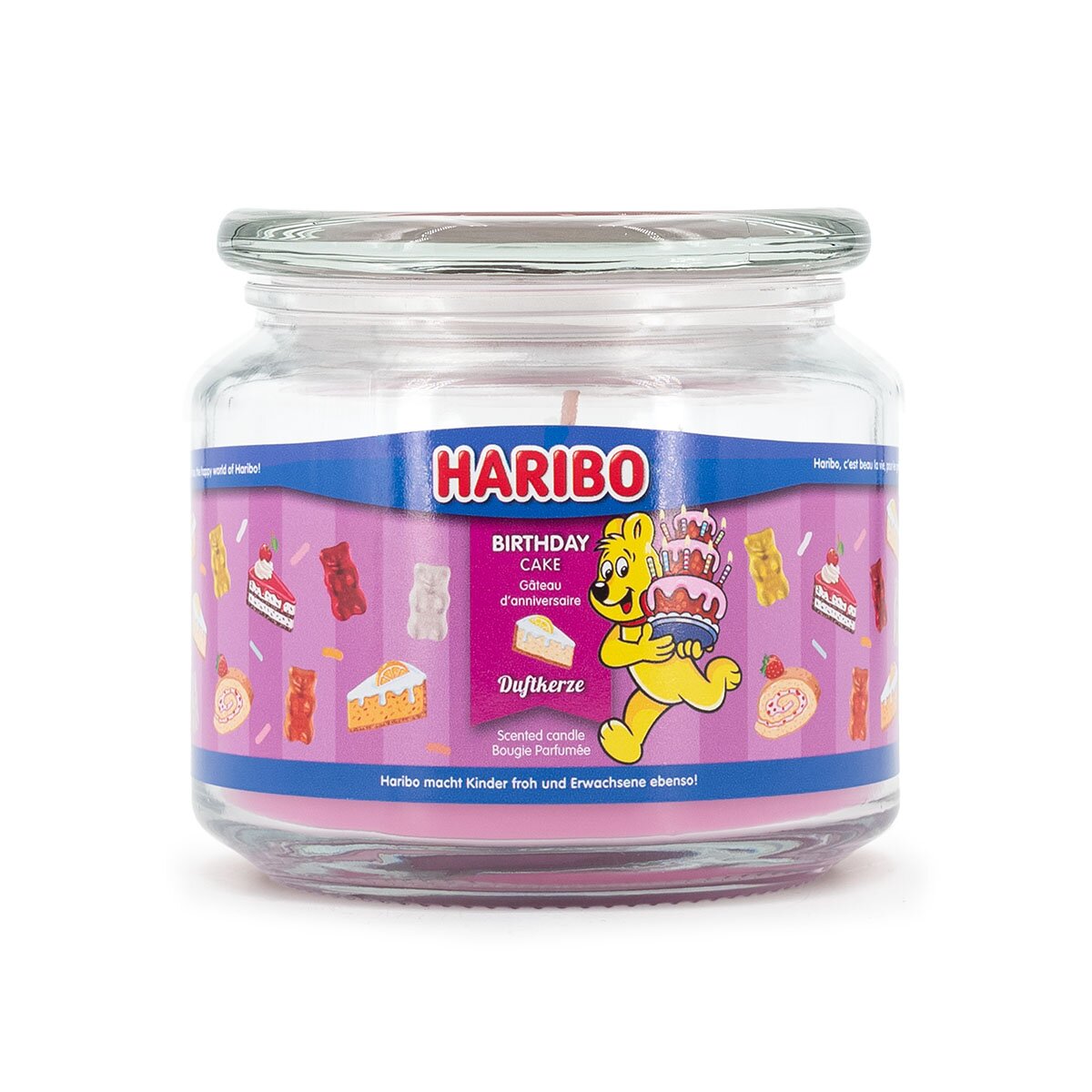 Haribo Duftkerze ‚Birthday Cake‘ (300g) – offizielle Lizenzkerze mit süßem Kuchen Duft. Liebevolles Design mit rosa Wachs. Kreatives Geburtstagsgeschenk und stylische Geburtsagsdeko.