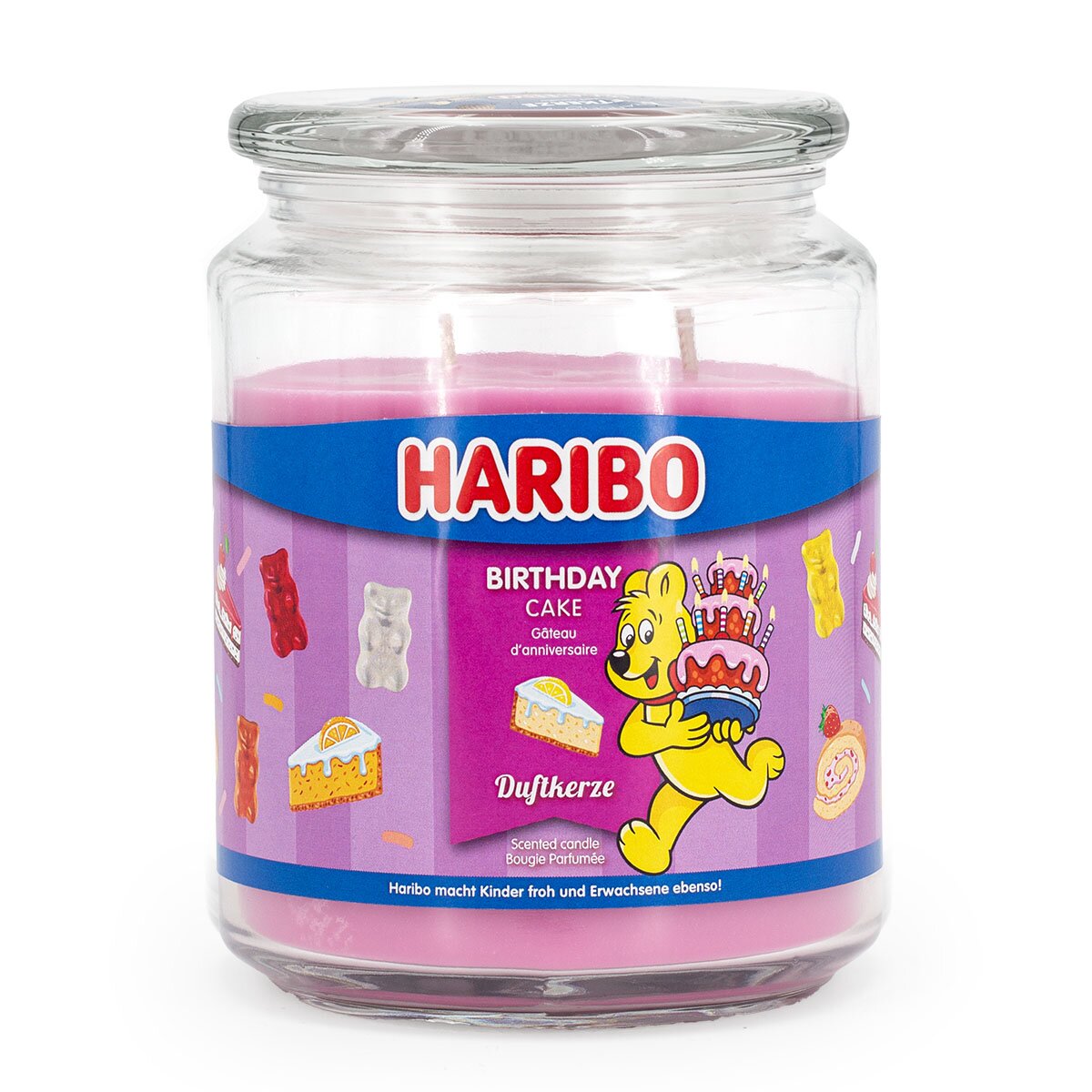 Haribo XXL-Duftkerze ‚Birthday Cake‘ (510g) – offizielle Lizenzkerze mit süßem Duft (Apfel, Himbeere & Karamell). Ideal als Highlight auf dem Geburtstagstisch und besonders Geburtstagsgeschenk