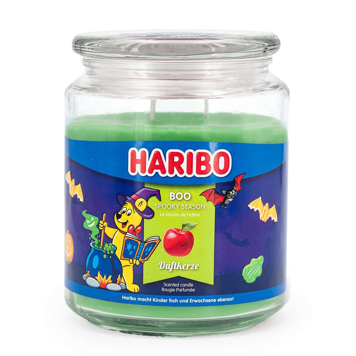 Haribo XXL-Duftkerze ‚Boo‘ (510g) – offizielle Lizenzkerze mit herbstlichem Duft (Apfel, Birne & Vanille). Halloween-Design mit grünem Wachs. Originelle Herbst- und Halloween Dekoration.