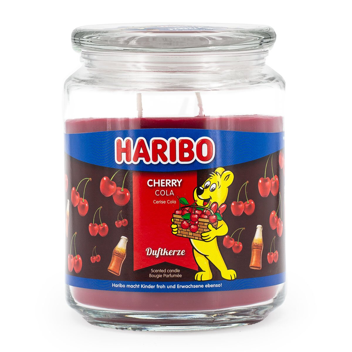Haribo XXL-Duftkerze ‚Cherry Cola‘ (510g) – offizielle Lizenzkerze mit erfrischendem Duft (Kirsche, Beere & Apfel). Sommerliches Design mit rotem Wachs. Originelles Geschenkidee und stylische Deko.