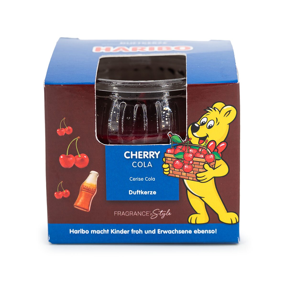 Haribo Mini-Duftkerze ‚Cherry Cola‘ (85g) im Geschenkkarton – offizielle Lizenzkerze mit sommerlichem Duft. Duftkerze im Glas mit braunem Geschenkkarton – kreative Geschenkidee.