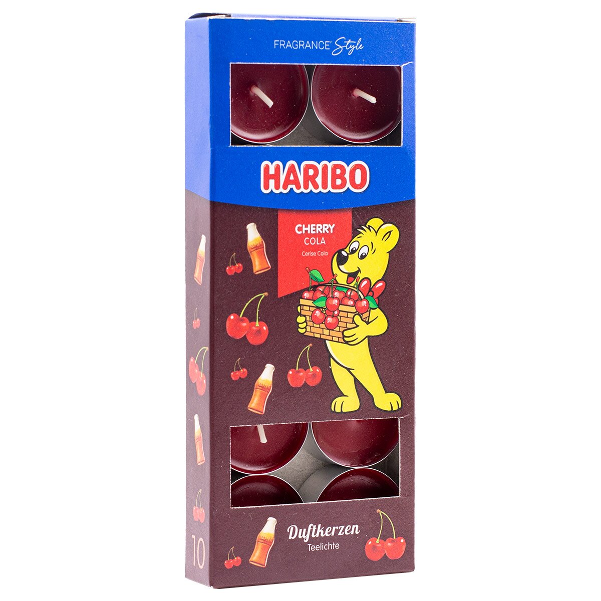 Haribo Teelichter ‚Cherry Cola‘ (10x10g) im liebevollen Geschenkkarton – offizielle Lizenzteelichter mit angenehmen Duft. Sommerliches mit Goldbär und Kirschkorb. Geschenkidee für Kerzenliebhaber und Deko für gemütliches Zuhause.