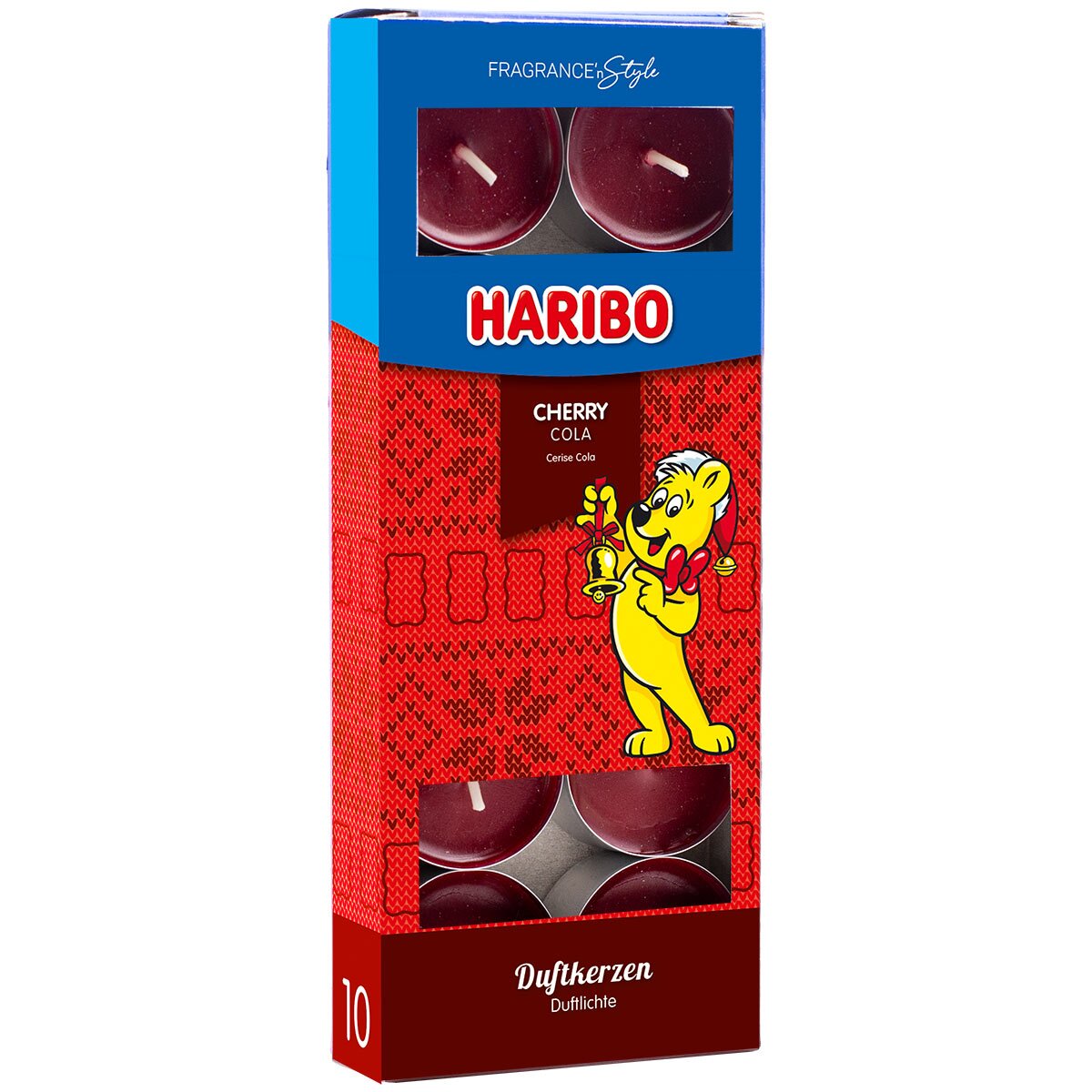 Haribo Teelichter ‚Cherry Cola‘ (10x10g) im weihnachtlichem Geschenkkarton – offizielle Lizenzteelichter mit angenehmen Duft. Weihnachtsdesign mit Goldbär und Glocke. Kreative Weihnachtsdeko für ein gemütliches Zuhause.