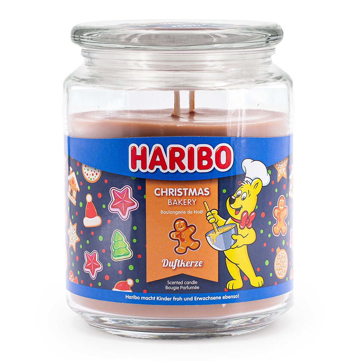 Haribo XXL-Duftkerze ‚Christmas Bakery‘ (510g) – offizielle Lizenzkerze mit Weihnachtsduft (Lebkuchen, Vanille & Karamell) und weihnachtlichem Design. Originelles Weihnachtsgeschenk und Winterdeko.